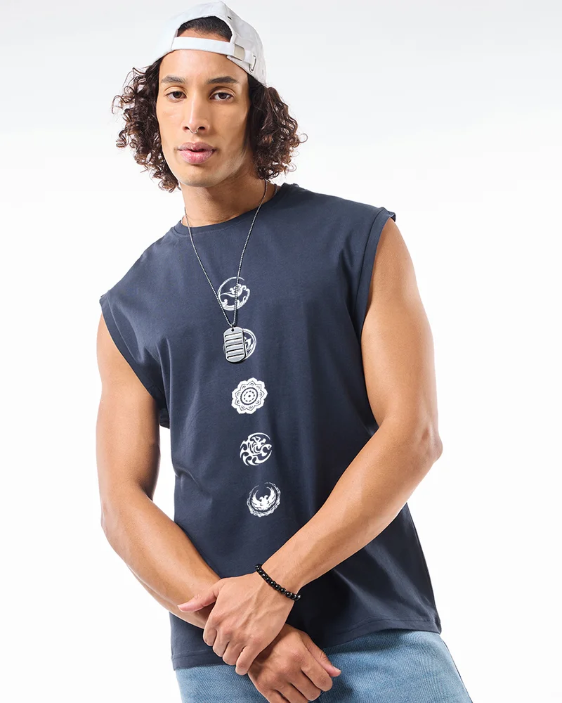 bewakoof Men's Navy Blue Seek Balance Graphic Printed Boxy Fit Vest